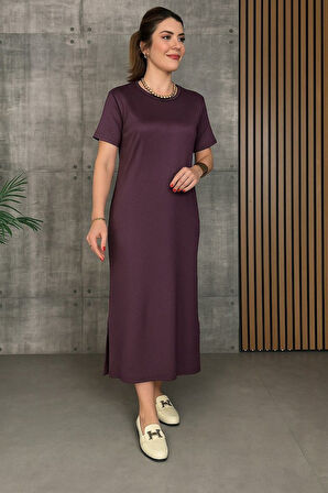 SUPPLİERBY Kadın Kısa Kollu Bisiklet Yaka Yırtmaçlı Viskon Iki Iplik Elbise