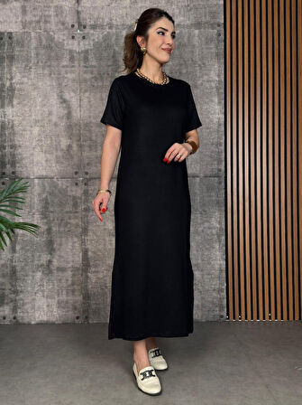 SUPPLİERBY Kadın Kısa Kollu Bisiklet Yaka Yırtmaçlı Viskon Iki Iplik Elbise