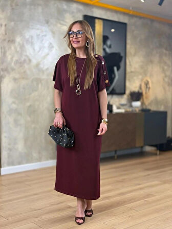 SUPPLİERBY Kadın Kısa Kollu Bisiklet Yaka Omuzdan Düğmeli Uzun Viskon Iki Iplik Elbise