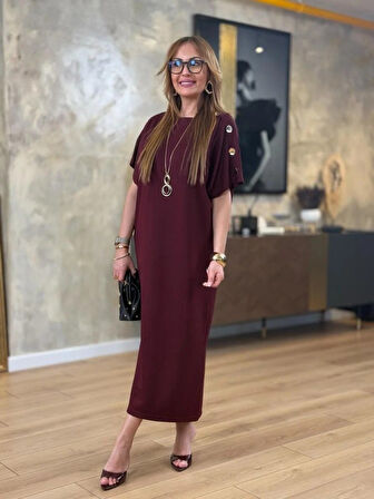 SUPPLİERBY Kadın Kısa Kollu Bisiklet Yaka Omuzdan Düğmeli Uzun Viskon Iki Iplik Elbise