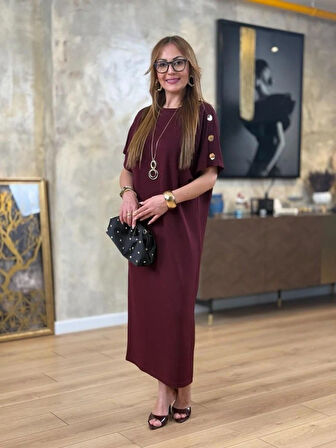 SUPPLİERBY Kadın Kısa Kollu Bisiklet Yaka Omuzdan Düğmeli Uzun Viskon Iki Iplik Elbise