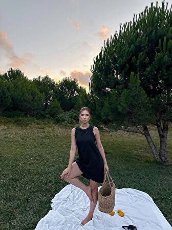 SUPPLİERBY Kadın Keten Kumaş Kolsuz Mini Boy Elbise