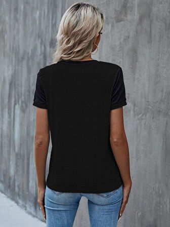 SUPPLİERBY Kadın Kısa Kollu Yuvarlak Yaka ön Dantel Detaylı Viskon Bluz