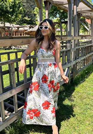 SUPPLİERBY Kadın Ip Askılı V Yakalı Bel Güpür çiçek Desenli Yandan Yırtmaçlı Maksi Süprem Elbise