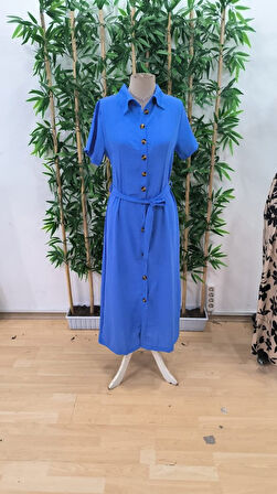 SUPPLİERBY Kadın Kısa Kollu Yakalı önden Düğmeli Beli Kuşaklı Ithal Keten Elbise