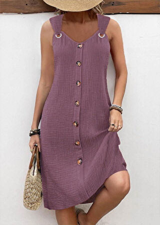 SUPPLİERBY Kadın Askılı V Yakalı önden Düğmeli Narin Elbise