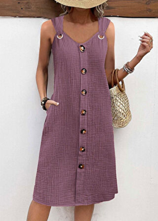 SUPPLİERBY Kadın Askılı V Yakalı önden Düğmeli Narin Elbise