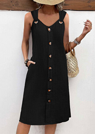 SUPPLİERBY Kadın Askılı V Yakalı önden Düğmeli Narin Elbise