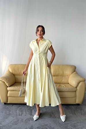 SUPPLİERBY KOLSUZ VATKALI ÖNDEN DÜĞMELİ  BEL PENS DETAYLI POPLİN ELBİSE - Sarı