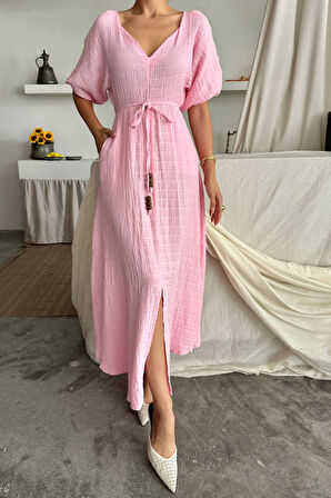 SUPPLİERBY V YAKA BEL BONCUK BAĞLAMALI MÜSLİN ELBİSE YIRTMAÇ DETAYLI - Pembe