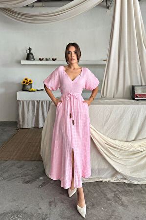 SUPPLİERBY V YAKA BEL BONCUK BAĞLAMALI MÜSLİN ELBİSE YIRTMAÇ DETAYLI - Pembe