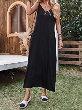 SUPPLİERBY Kadın Ip Askılı Derin Geniş V Yakalı Uzun Viskon Elbise