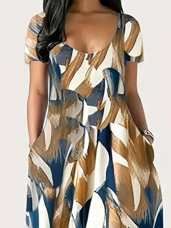 SUPPLİERBY Kadın Kısa Kollu Yuvarlak Yaka Cepli Salaş Baskılı Süprem Elbise