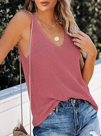 SUPPLİERBY Kadın Kolsuz V Yaka Kalın Askılı Triko Bluz