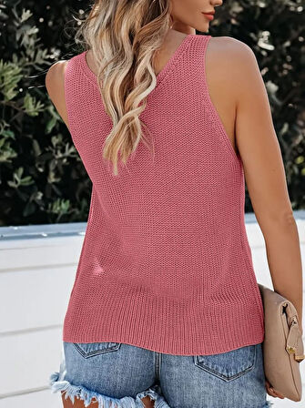 SUPPLİERBY Kadın Kolsuz V Yaka Kalın Askılı Triko Bluz