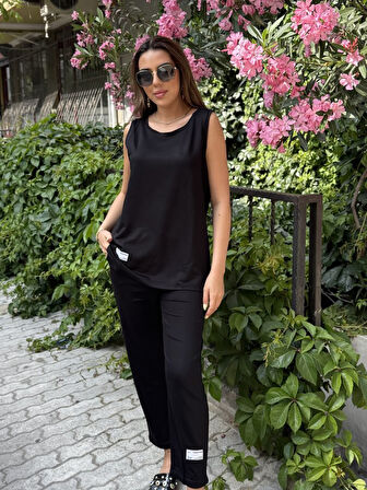 SUPPLİERBY Kadın Askılı Yuvarlak Yaka Viskon Iki Iplik Bluz Ve Eşofman Altı Ikili Takım