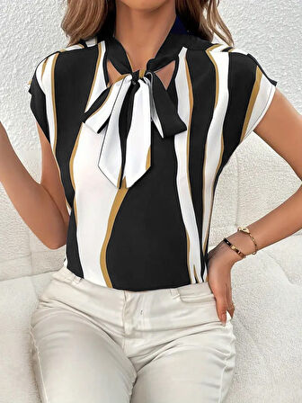 SUPPLİERBY Kadın Kısa Kollu Boyundan Bağlamalı Desenli Dokuma Bluz