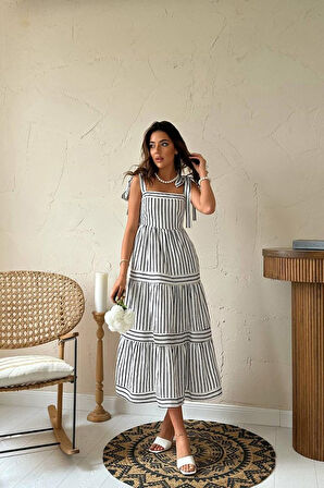 SUPPLİERBY Siyah Omuzdan Bağlamalı Çizgili Elbise