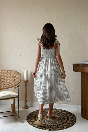 SUPPLİERBY Siyah Omuzdan Bağlamalı Çizgili Elbise