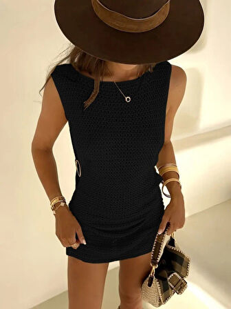 SUPPLİERBY Kadın Sıfır Kol Yanlardan Halka Toka Detaylı Triko Plaj Elbisesi