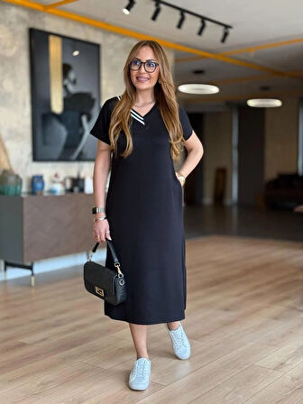 SUPPLİERBY Kadın Kısa Kollu V Ribana Yakalı Yırtmaçlı Midi Viskon Iki Iplik Elbise