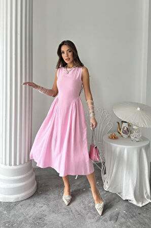 SUPPLİERBY Pembe Yanları Büzgülü Midi Boy Keten Elbise