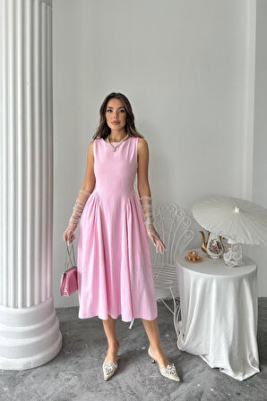 SUPPLİERBY Pembe Yanları Büzgülü Midi Boy Keten Elbise