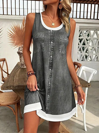 SUPPLİERBY Kadın Askılı Yuvarlak Yakalı Kot Görünümlü Kısa Süprem Elbise