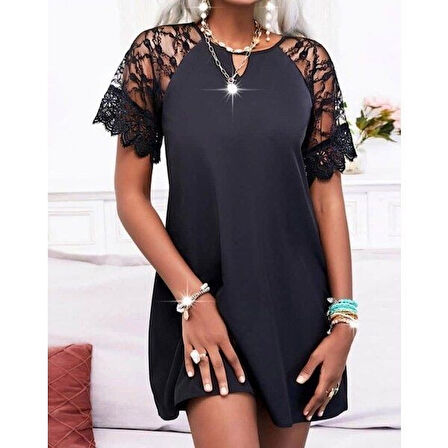 SUPPLİERBY Kadın Dantelli Kısa Kollu Damla Yaka Krep Elbise