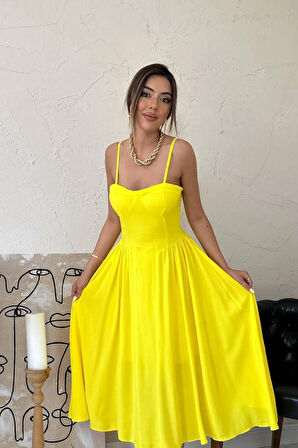 SUPPLİERBY Sarı Göğüs Kuplu Uzun Büzgülü Elbise