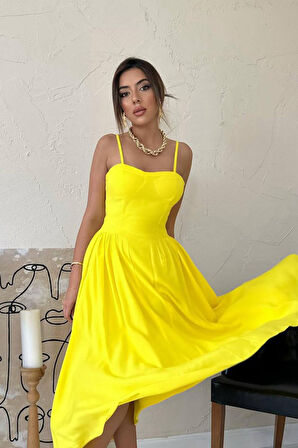 SUPPLİERBY Sarı Göğüs Kuplu Uzun Büzgülü Elbise