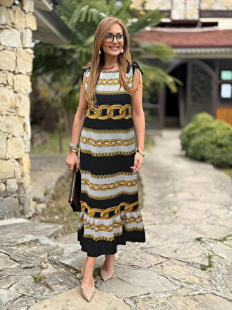 SUPPLİERBY Kadın Omuzlardan Büzgülü Kayık Yaka Fırfırlı Janjan Krep Elbise