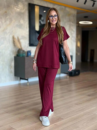 SUPPLİERBY Kadın Kısa Kollu Bisiklet Yaka Viskon Iki Iplik Bluz Ve Pantolon Ikili Takım