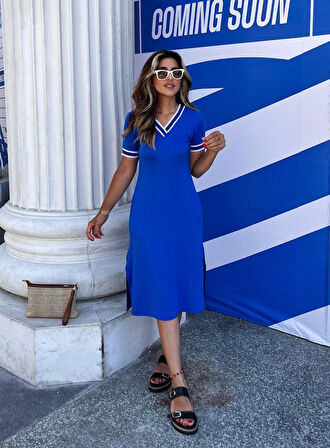 SUPPLİERBY Kadın Kısa Kollu V Yaka Ve Yaka Ribana Detay Midiboy Viskon Elbise