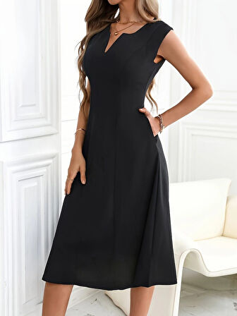 SUPPLİERBY Kadın Kolsuz V Yakalı Midi Ithal Krep Elbise