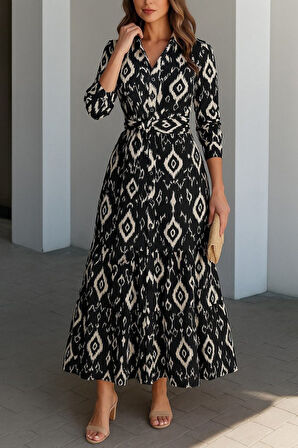 SUPPLİERBY Kadın Uzun Kollu Eteği Fırfırlı Beli Kuşaklı Trikoton Tam Boy Gömlek Elbise