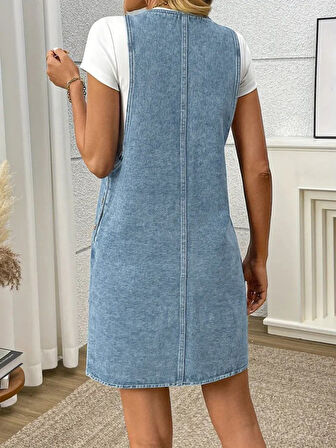 SUPPLİERBY Kadın Askılı Yuvarlak Yaka A Kesim Cep Detaylı Kot Elbise