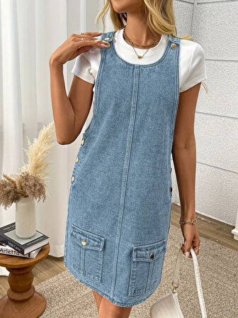 SUPPLİERBY Kadın Askılı Yuvarlak Yaka A Kesim Cep Detaylı Kot Elbise