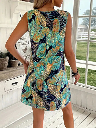 SUPPLİERBY Kadın Sıfır Kollu Yuvarlak Yaka Desenli Süprem Elbise