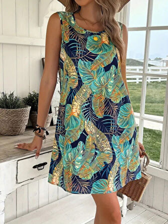 SUPPLİERBY Kadın Sıfır Kollu Yuvarlak Yaka Desenli Süprem Elbise