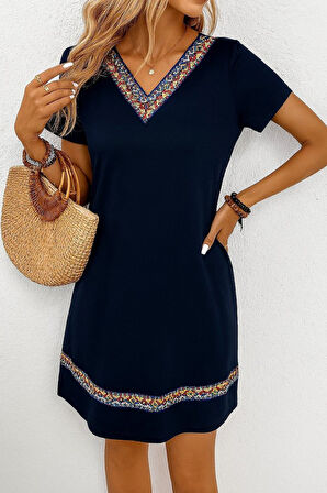 SUPPLİERBY Kadın Kısa Kollu V Yakalı Etnik Desen şerit Detaylı Viskon Elbise