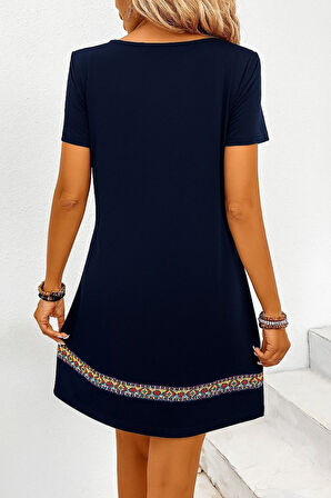 SUPPLİERBY Kadın Kısa Kollu V Yakalı Etnik Desen şerit Detaylı Viskon Elbise