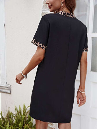 SUPPLİERBY Kadın Kısa Kollu V Yakalı Leopar Desen Detaylı Modal Elbise