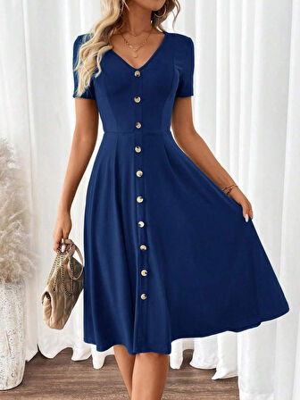 SUPPLİERBY Kadın Kısa Kollu V Yakalı önden Düğmeli A Kesim Dokuma Elbise