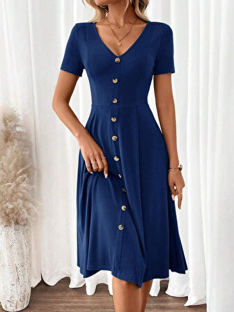 SUPPLİERBY Kadın Kısa Kollu V Yakalı önden Düğmeli A Kesim Dokuma Elbise