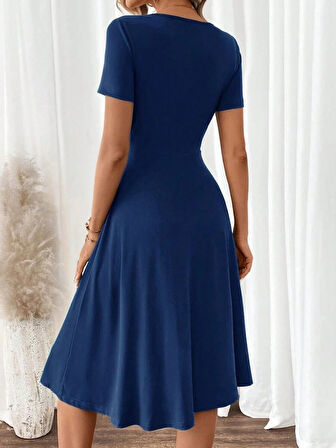 SUPPLİERBY Kadın Kısa Kollu V Yakalı önden Düğmeli A Kesim Dokuma Elbise