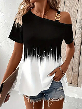 SUPPLİERBY Kadın Tek Omuzdan Açık Askı Detaylı Desenli Süprem Bluz