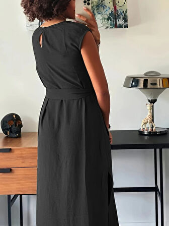 SUPPLİERBY Kadın Kısa Kollu Yuvarlak Yaka Belden Bağcıklı önden Yırtmaçlı Aerobin Elbise