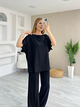 SUPPLİERBY Kadın Kısa Kollu Kayık Yakalı Dikiş Izi Detaylı Viskon Iki Iplik Bluz Ve Pantolon Ikili Takım