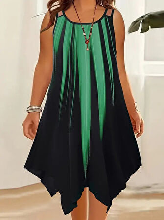 SUPPLİERBY Kadın Askılı Yuvarlak Yaka Asimetrik Detaylı Desenli Süprem Elbise